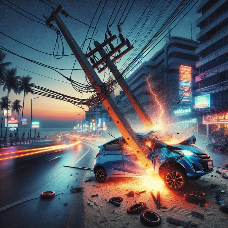 Tesla Takes Down Power Pole in Pattaya: Chaos in the Early Hours!