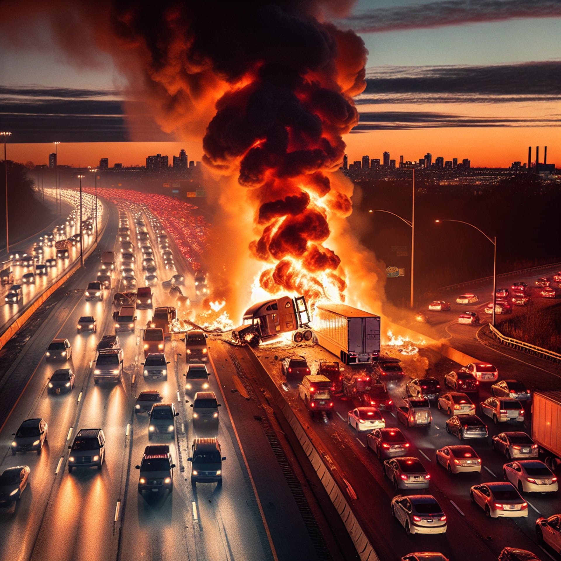 Blaze on the QEW: Tractor-Trailer Inferno Sparks Traffic Turmoil in Hamilton