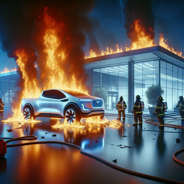 Fiery Incident at Tesla Dealership: Electric Truck Goes Up in Flames!