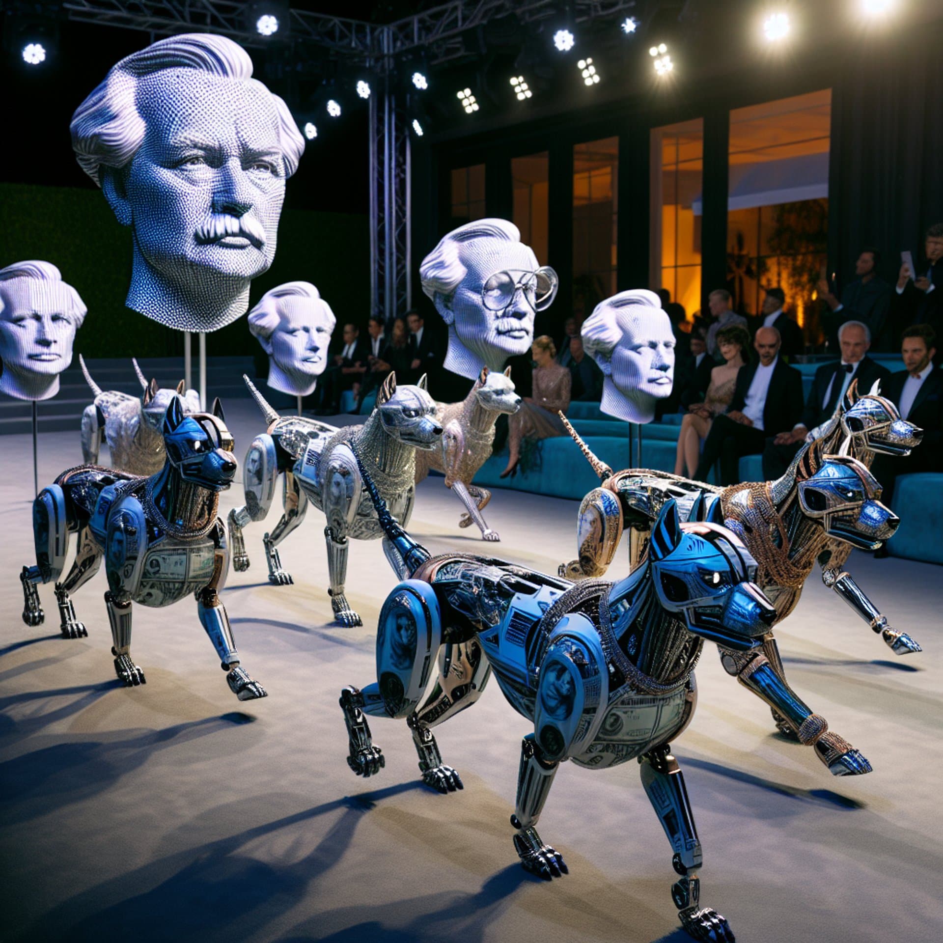 Beeple’s ‘Regular Animals’ Unleashed at Art Basel: Billionaire-Headed Robot Dogs Make a Runway Debut